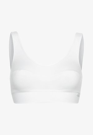 White wireless bralette with wide straps, seamless design, rounded neckline, and elastic underband. Smooth fabric with a matte finish.