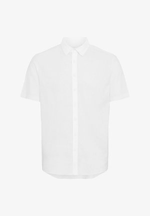 Kurzärmliges weißes Leinenhemd mit durchgehender Knopfleiste und spitzem Kragen, ausgestattet mit einem geraden Saum und einem leichten, strukturierten Stoff.
