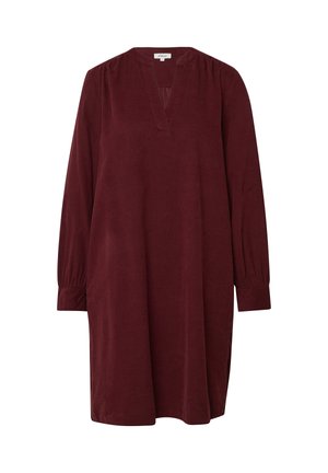 Burgunderfarbenes langärmliges Kleid mit V-Ausschnitt, gerafften Schultern und Bündchen, in lockerem Schnitt und seitlichen Schlitzen für mehr Bewegungsfreiheit.