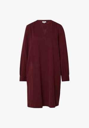 Burgunderfarbenes langärmliges Kleid mit V-Ausschnitt, gerafften Schultern und Bündchen, in lockerem Schnitt und seitlichen Schlitzen für mehr Bewegungsfreiheit.