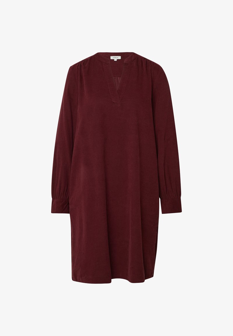 Burgunderfarbenes langärmliges Kleid mit V-Ausschnitt, gerafften Schultern und Bündchen, in lockerem Schnitt und seitlichen Schlitzen für mehr Bewegungsfreiheit.