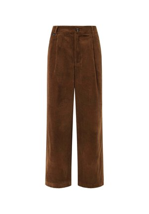 Bruine corduroy wijdgerande broek met een gestructureerd oppervlak, geplisseerde voorkant en een ritssluiting. Voorzien van een klein merklabel op de tailleband.
