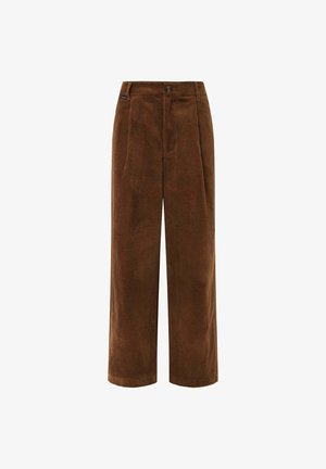 Calças largas em em tecido de cotão castanhas com uma superfície texturizada, frente plissada e fecho de correr. Apresenta uma pequena etiqueta da marca na cintura.