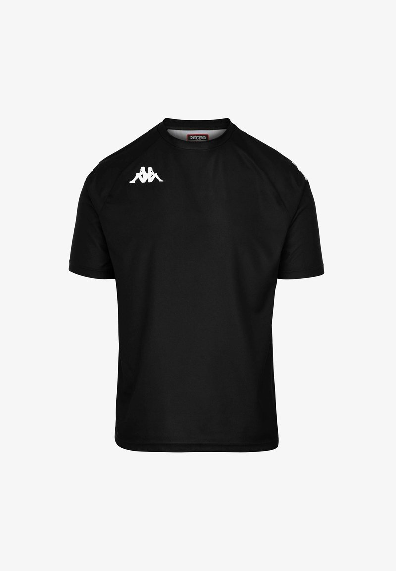 T-shirt noir à manches courtes en tissu lisse et léger. Arrière-plan blanc avec un logo sur la poitrine et un col rond classique.
