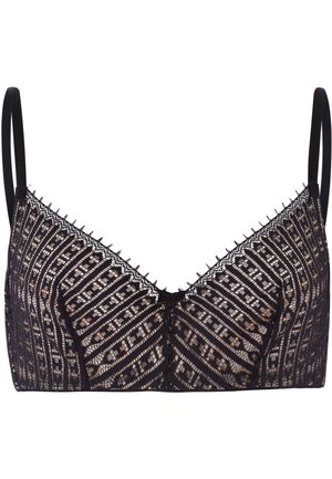 Zwarte kant bralette met geometrische patronen, verstelbare bandjes en een golvende rand langs de randen. Zachte, doorschijnende textuur door het geheel.