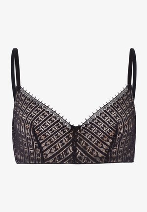 Brassière en dentelle noire avec des motifs géométriques, bretelles ajustables et un ourlet festonné le long des bords. Texture douce et transparente dans l'ensemble.