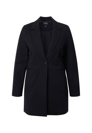 Černý přizpůsobený blazer s jednobuttonovým zapínáním, výstřihovým límcem a bočními kapsami. Vyrobený z hladkého materiálu s dlouhými rukávy.