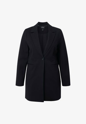 Zwarte op maat gemaakte blazer met een enkele knoopsluiting, gekartelde revers en zijzakken. Gemaakt van gladde stof met lange mouwen.