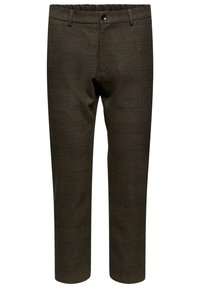Pantalon homme marron en mélange de laine avec motif à carreaux, fermeture à boutons, passants de ceinture, coupe ajustée.