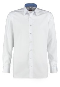 Chemise blanche à manches longues pour homme avec fermeture boutonnée sur le devant et doublure intérieure du col à motif bleu.
