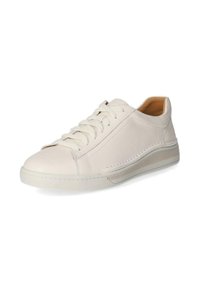 Baskets en cuir blanc avec un design à lacets, texture lisse, bout arrondi et accents beiges subtils sur la semelle et les coutures latérales.