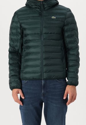 Man met een donkergroene gewatteerde jas met capuchon, dichtgeritst, en een blauwe spijkerbroek, handen ontspannen langs het lichaam tegen een effen achtergrond.