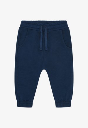Marineblaue Kleinkinder-Jogginghose mit elastischem Bund, verstellbaren Kordeln, Seitentaschen und elastischen Bündchen an den Knöcheln.