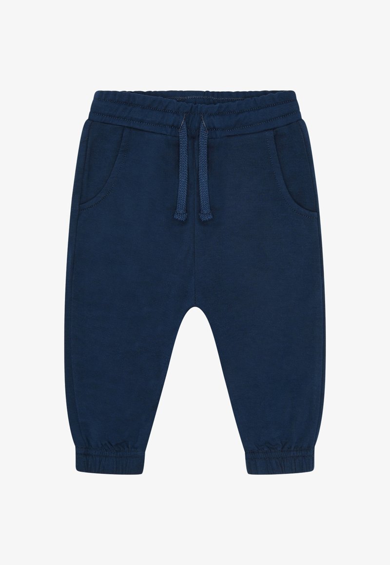 Pantalon de survêtement bleu marine pour tout-petit avec taille élastique, cordons ajustables, poches latérales et poignets élastiques aux chevilles.
