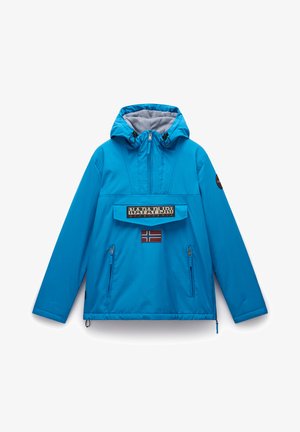 Blauwe anorakjas van gladde stof, met een voorzak, ritsen en een capuchon. Inclusief een logo en detail van de vlag van Noorwegen.