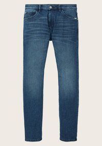 Jean en denim bleu avec une coupe slim, cinq poches, fermeture par bouton et légère décoloration au niveau de la cuisse et des genoux.