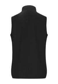 Svart ärmlös väst med hög krage. Tillverkad av ett slätt tyg, med rak snitt och inga synliga knappar eller fickor.