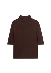 Brown, short-sleeved turtleneck sweater with a ribbed texture and fitted collar, featuring a relaxed shape and seamless shoulders.