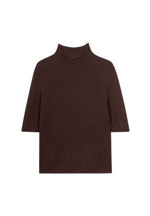 Brown, short-sleeved turtleneck sweater with a ribbed texture and fitted collar, featuring a relaxed shape and seamless shoulders.
