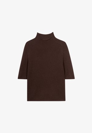 Brauner, kurzärmeliger Rollkragenpullover mit gerippter Textur und enganliegendem Kragen, der eine lockere Passform und nahtlose Schultern aufweist.