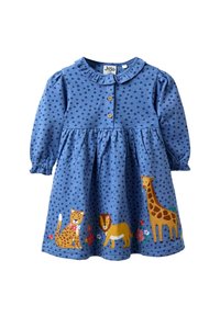 Blaues Baumwollkleid mit langen Ärmeln, gerüschtem Kragen, Blumenmuster und gestickten Tiermotiven: Leopard, Löwe und Giraffe.