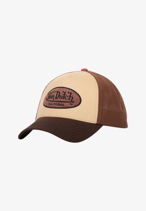 Casquette marron et beige avec une visière courbée, présentant un logo brodé marron à l'avant et des panneaux en maille respirante sur les côtés.