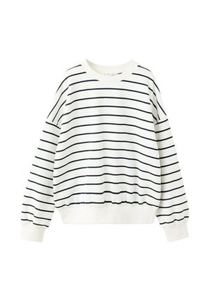 Hvid sweatshirt med lange ærmer og sorte vandrette striber, rund halsudskæring samt elastiske manchetter og linning.