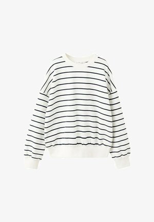 Sweat-shirt blanc à manches longues avec rayures horizontales noires, col rond, poignets et taille élastiques.