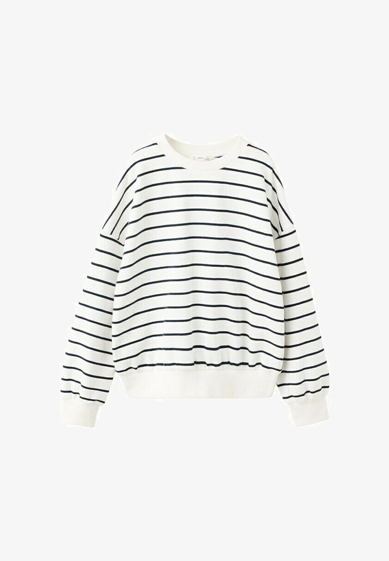 Biela mikina s dlhými rukávmi a čiernymi horizontálnymi pruhmi, okrúhlym výstrihom a elastickými manžetami a pásom.