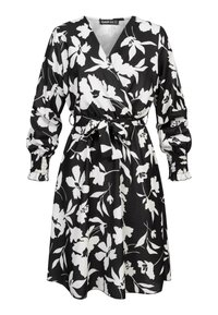 Vestido negro con un gran estampado floral en blanco, mangas largas abullonadas con puños fruncidos y un cinturón de tela a juego en la cintura.