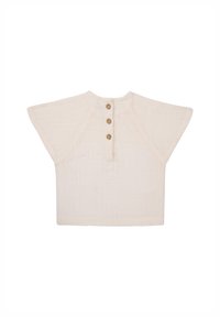 Korte mouwen crèmekleurig shirt met een textuurpatroon, voorzien van een ronde halslijn en drie houten knopen op de achterkant.