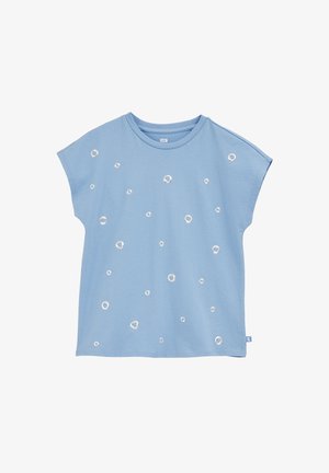 Heledsinine lühikeste varrukate ja pehme puuvillane t-särgid, millel on ees hajutatud ümmargune valge tikand. Ümar kaelus.