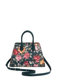 Borsa floreale con una base scura, texture morbida, doppio manico e tracolla staccabile, decorata con un mix di rose rosa e arancioni.