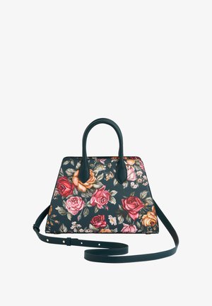Kwiatowa torebka na ciemnej bazie, o miękkiej fakturze, z dwoma uchwytami oraz odczepianym paskiem na ramię, udekorowana mieszanką różowych i pomarańczowych róż.