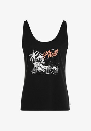 Zwart tanktop met een wit en koraalroze afbeelding van een strandscène met palmbomen en een surfplank, gemaakt van zacht katoenen materiaal.