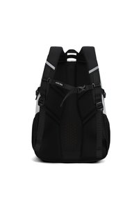 Zaino nero con schienale in rete, spallacci regolabili, dettagli riflettenti e un design aerodinamico ed ergonomico. Dotato di chiusura a fibbia.