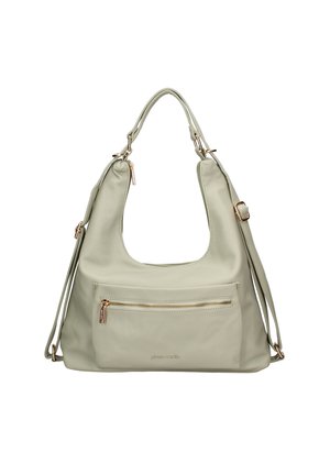 Sac à main vert clair avec une surface douce et texturée, une large ouverture, une poche zippée à l'avant et des accents de quincaillerie en or rose métallisé.