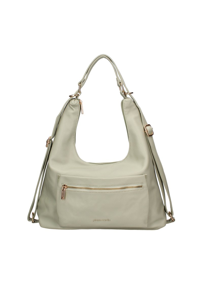Borsa a tracolla di colore verde chiaro, con una superficie morbida e testurizzata, un'ampia apertura, una tasca con zip frontale e dettagli in metallo color oro rosa.