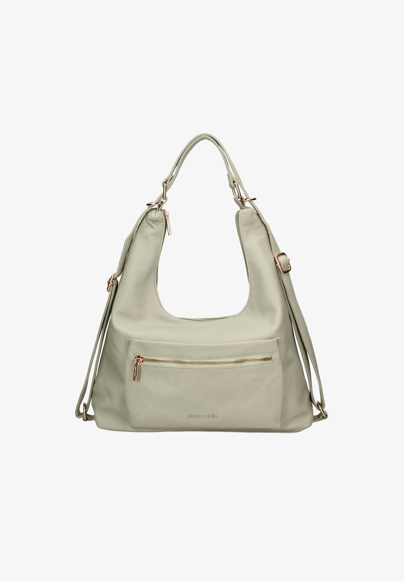 Borsa a tracolla di colore verde chiaro, con una superficie morbida e testurizzata, un'ampia apertura, una tasca con zip frontale e dettagli in metallo color oro rosa.