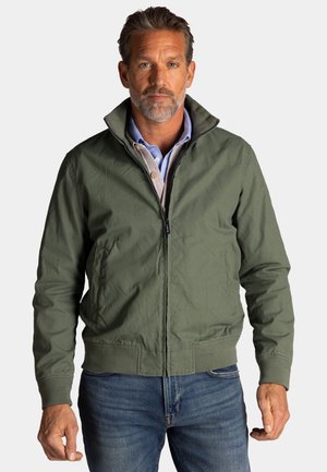 Man met een grijs en zwart gemêleerde baard, gekleed in een groen jack met rits over een blauw shirt en een beige trui, staand tegen een effen achtergrond.