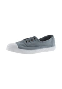 Grå canvas slip-on sko med hvid gummitå og sål. Har fem snørehuller på siden og en tekstureret gummisål.