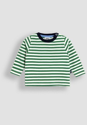 Pruhovaná košile s dlouhým rukávem s alternujícími zelenými a bílými pruhy, námořnický límec a detail s patentním knoflíkem u krku. Měkká tkanina.