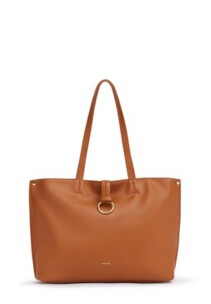 Borsa tote in pelle marrone con due manici lunghi, dettaglio anello dorato al centro e piccolo logo del marchio vicino al fondo.