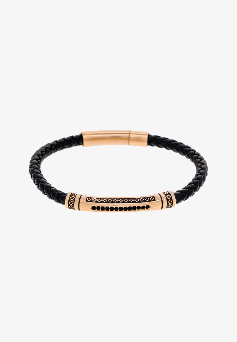 Geflochtenes schwarzes Lederarmband mit einer zylindrischen Metall-Akzent in Gold und Schwarz mit einem Muster, das kleine eingearbeitete Steine enthält.