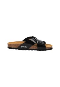 Schwarze patentierte Slipper mit gekreuzten Riemen, Korkfußbett und strukturiertem Gummisohle. Mit "palado"-Branding an der Seite.