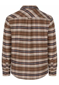 Bruine geruite flanellen overhemd met lange mouwen, met roomkleurige, oranje en marineblauwe strepen, een button-down kraag en een afgeronde zoom.