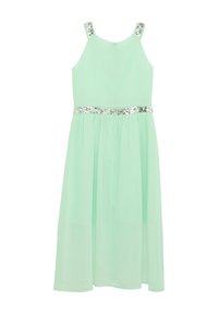 Mintgroene jurk met een geplooide rok, versierd met een met pailletten bezette riem en schouderbanden. Voorzien van een rits aan de achterkant. Lichtgewicht stof.