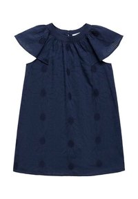 Rochie bleu marin cu mâneci scurte în stil fluture, model floral brodat, decolteu rotund și închidere cu nasture la spate. Textură moale și siluetă fluidă.