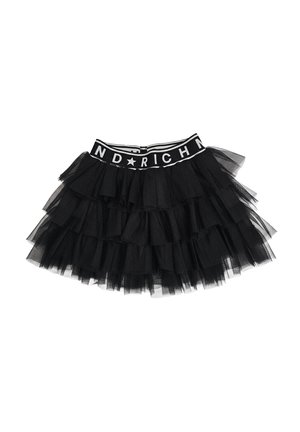 Gonna nera a più strati in tulle con vita elastica, caratterizzata da scritte bianche e grafica di una stella, progettata per un outfit da bambino.