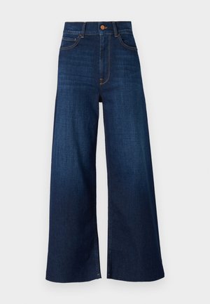Bredde ben blå denimjeans med høy midje, med oransje sømmer, fem lommer og knappelukking i midjen.